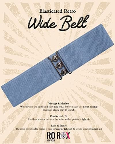 Ro Rox Retro Vintage Belt | Elastic Women's Accessories | Stretchy 50s Nurse With Silver Buckle & Clasp | Waist Belt For Dress | Wide Belt Design | Elasticated Belt For Women & Ladies, Sky Blue, S — view 5