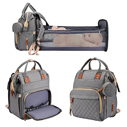 Rikmody Baby Changing Bag Backpack, Multifunctional Diaper Bags with Folding Bed, Large Capacity Nappy Backpacks Insulated Bottle Pockets, Mat, Stroller Straps, USB Port, Gray, 27*18*38cm
