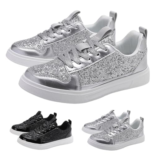 Momolaa New UK 6 Glitter Sparkly Fashion Sneakers Women Low Top Sequins Lace Up Tennis Shoes Comfort Bling Fashion Shiny Walking Shoes Wedding Bridal Shoe Gift Footwear Silver — view 5