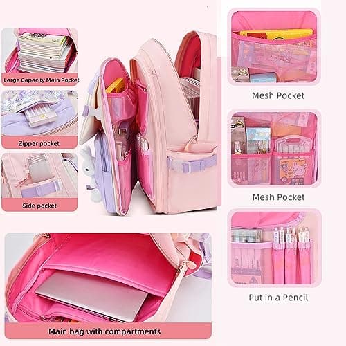 LANSHIYA Girls Bunny Backpack Cute Kids Bookbag for Elementary School Kawaii Preschool Outdoor Daypack Pink — view 5