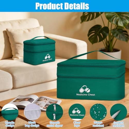 DiULi First Aid Kit Bags 2 Pack, Small & Medium Empty Medication Storage Bag Set, Waterproof Oxford Cloth Medicine Pouch with Dual Zippers, Tear-Resistant for Home Travel Hiking Camping, Dark Green — view 3