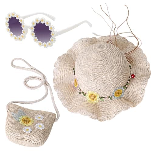 Nievajio 3 Pieces Girls Sun Hat and Straw Knitting Bag, Kids Sun Protection Set, Summer Sun Hat with Flower Decoration for Tourism, Holiday, Travel, Beach, Outdoor Activities