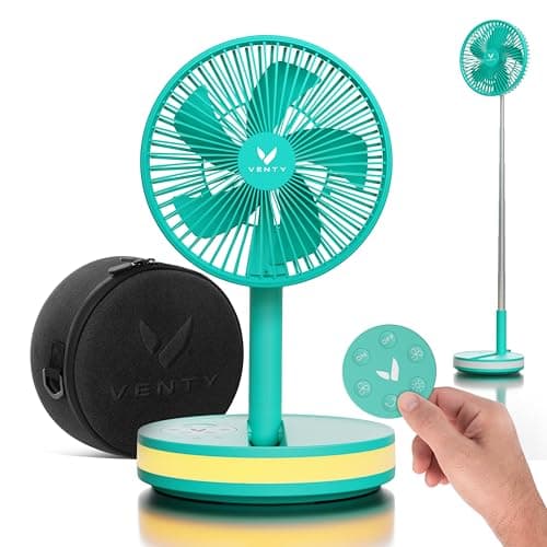 VENTY Portable Fan - Wireless Battery Operated Fan - 4 Speeds - LED Lighting - Carry Case & Remote Control - Cruise Travel - Outdoor Travel RV Power Bank With USB-C Port (Mint with Case)