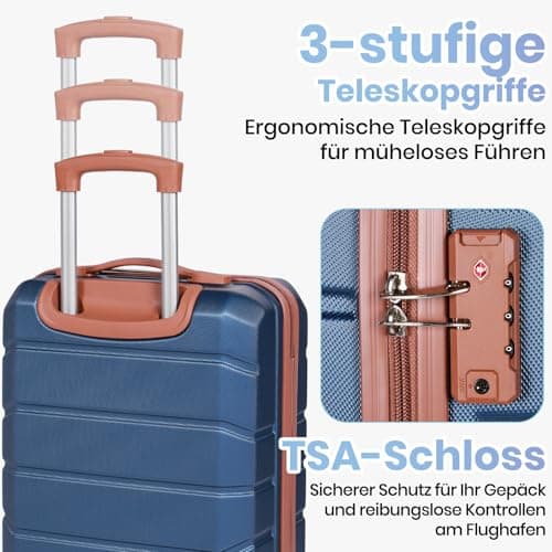 H.yeed Luggage Sets of 3 Piece, Lightweight Trolley Travel Suitcase Set ABS Hard Shell with 4 Spinner Wheels TSA Lock for Man Women, 24" + Duffels Bag & Toiletry Bag, Blue — view 6
