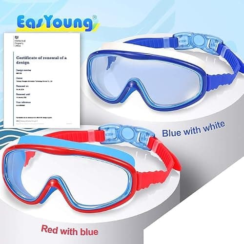 EasYoung 2-Pack Kids Swim Goggles, Swimming Goggles for Children and Early Teens from 3 to 15 Years Old, Wide Vision, Anti-Fog, Waterproof, UV Protection, Red with Blue (1pc) & Blue with White (1pc) — view 2
