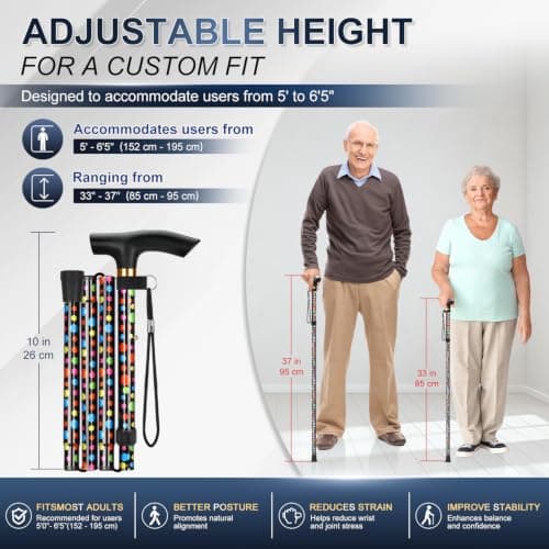 supregear Walking Stick - Adjustable Folding Walking Sticks for Women and Men - Lightweight Portable Collapsible Balancing Aid - Foldable Travel Cane for Ladies Elderly Adults, Black Polka Dots — view 2