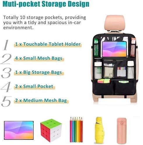 YooGoal Car Seat Organizer, 2 Pack Backseat Car Organizer for Kids, Car Back Seat Protector Car Travel Accessories with Pad Tablet Holder and 9 Storage Pockets, Black — view 2