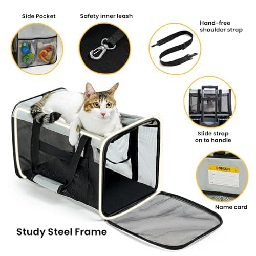 Conlun Cat Carrier Bag,Soft-Sided Pet Carriers for Dogs with 4-Sided Mesh,Airline Approved Cat Transport Carrier for Small&Medium Cats Kitten Puppy Up to 6Kg,Collapsible Cat Travel Carrier-M,Grey — view 5