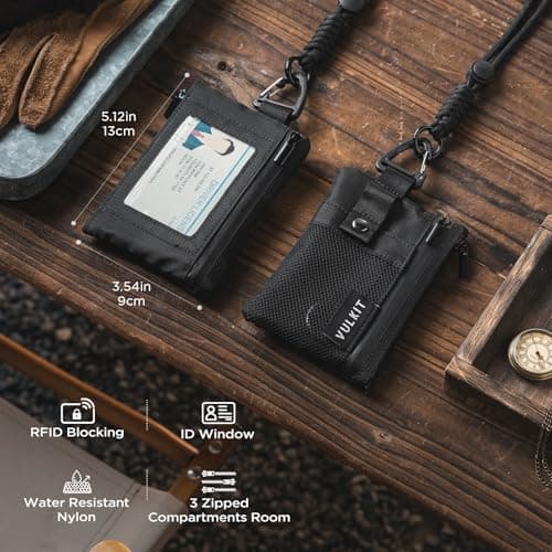 VULKIT Minimalist Small Wallet with ID Window, RFID Blocking Card Holder Water Resistant Zip ID Card Case with Lanyard Keychain for Cards,Cash,Key, Coin — view 3
