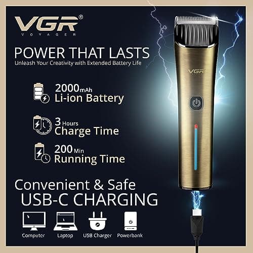 VGR Long Beard Trimmer Men Rechargeable - Cordless Hair Clippers Professional for Head Haircut - USB-C 200 Minutes Electric Battery - Ceramic Blades - 7000 RPM — view 6