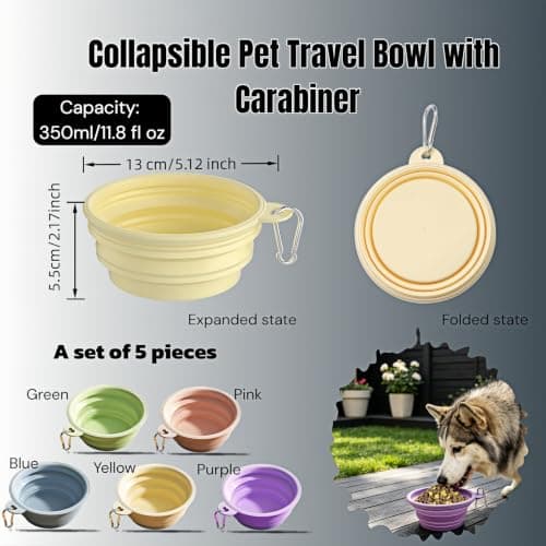 Collapsible Dog Bowl 5 Pack, Silicone Travel Pet Bowl with Carabiner — view 2
