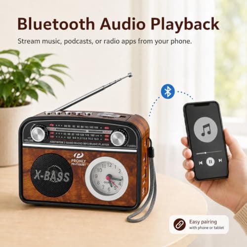 PRONLY Vintage Portable AM/FM Radio with Bluetooth, Clock & Flashlight — view 3