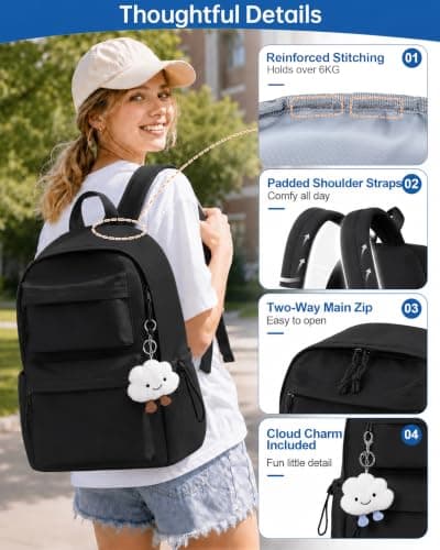 BECOJADDE School Bag for Girls, 15.6" Laptop Backpack for Women, Black — view 5