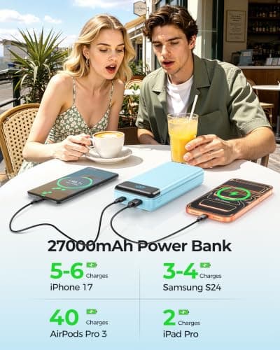 Power Bank 27000mAh,QC4.0 22.5W Fast Charging Portable Charger with Built-in 3 Cables, 4 Outputs & 3 Inputs Powerbank with LED Display for iPhone, Tablets and More Blue — view 2