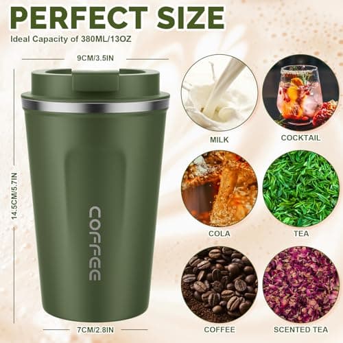 MOMSIV Coffee Cup, 380ml Vacuum Reusable Leakproof Double Wall Coffee Cup, Insulation Stainless Steel Eco-Friendly Travel Office Mug for Hot Coffee Tea and Cold Drinks (Green) — view 2