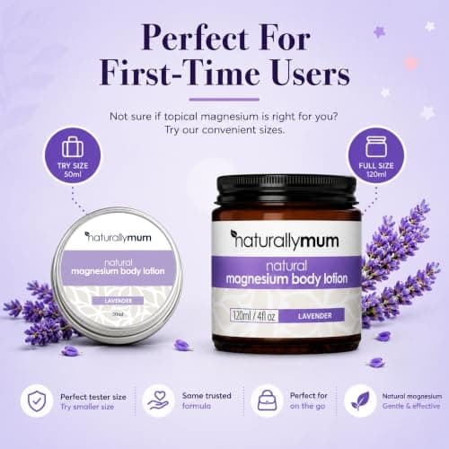 NaturallyMum Magnesium Body Lotion 50ml | Lavender Magnesium Cream for Adults | Travel Size Magnesium Moisturiser with Shea Butter, Coconut & Macadamia Oil | Fast Absorbing, Non-Greasy Formula — view 3