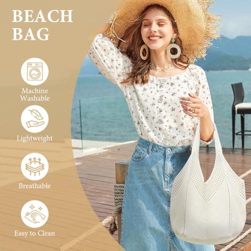 Aucuu Women Knitted Handbags, Retro Hollow Woven Shoulder Bags, Boho Shoulder Bag, Crochet Mesh Tote Bag, Beach Bag for Women, Travel Shopping Handbag for Holiday, Daily Work, Shopping, Travel-White — view 5