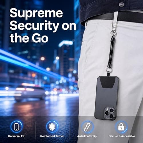 Solvio Retractable Anti-Theft Phone Tether Lanyard, Elastic Anti-Lost Safety Strap with 2 Tether Patches & Carabiner Clip, Universal Phone Cord for Smartphone Outdoor Hiking Skiing Festival Travel — view 4