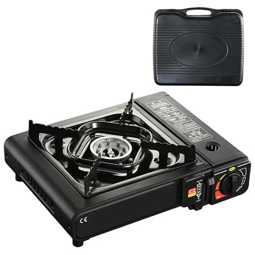 Black Portable Camping Stove with Carry Case,Camping Stove Automatic Ignition System,Outdoor Grill Plate Compact Outdoor Cooker Butane Gas,BBQ Cooker Caravan Outdoor
