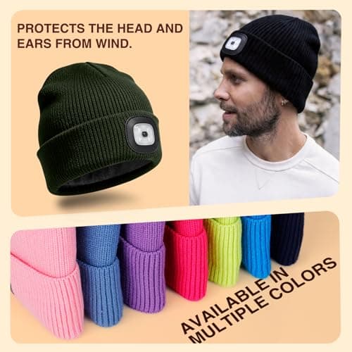 HAOCEE Hat with LED Light with Thick Warm Lining Gifts for Men Women Winter Beanie Illuminated Hat with Type-C Rechargeable Headlamp, olive green, One Size — view 5