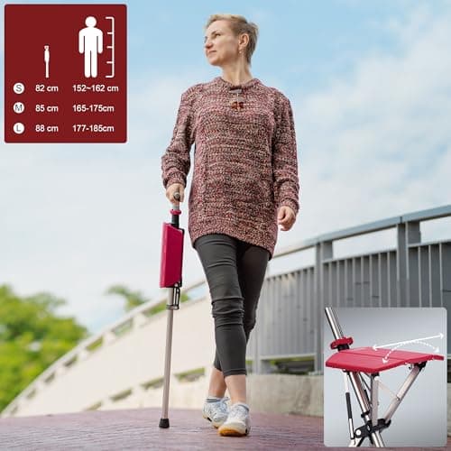 STEP2GOLD Ta-Da Chair - Walking Stick with Seat, Ultra-Light Aluminium Frame & Sturdy Foldable Stool (up to 110kg), Collapsable Folding Design, Ideal for Travel & Sightseeing - Red, 85 cm — view 3