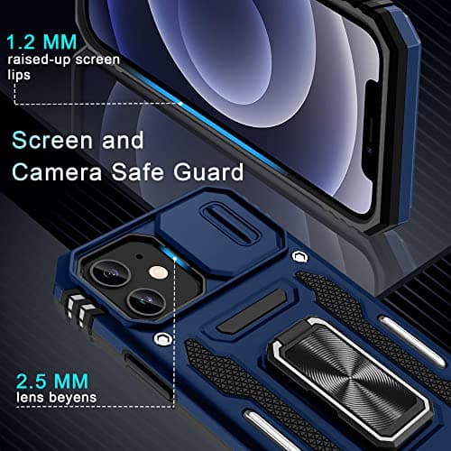 DEERLAMN for iPhone 12 Case,iPhone 12 Pro Case with Slide Camera Cover+Screen Protector(2 Packs),Rotated Ring Kickstand Military Grade Shockproof Protective Cover-Navy Blue — view 6