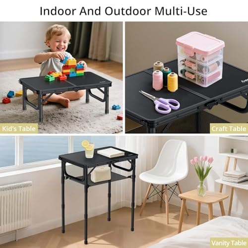 Anbte Folding Camping Table with Storage Net, 3 Adjustable Heights 2ft Aluminum Small Folding table, Lightweight Outdoor table, Portable Handle for Travel, Picnic, Camping, 60cm x 40cm, Pure Black — view 6
