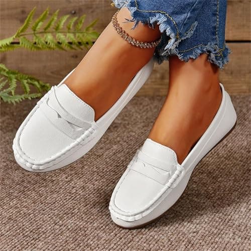 Leather Penny Loafers for Women Slip‑On Flats Pumps Moccasin (White 5 UK) — view 4