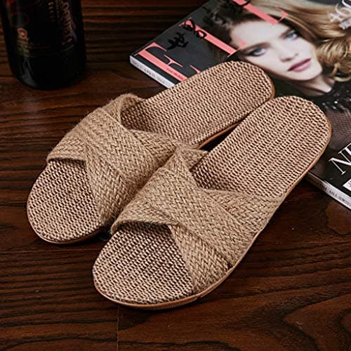 UK 5 Women's Men's Flax Tatami Slippers No Slip Indoor Slippers Open Toe Straw Slide Sandals Summer,Home Wooden Floor Grass Rattan Slipper for Travel, Hotel Sliders 001_Khaki — view 3