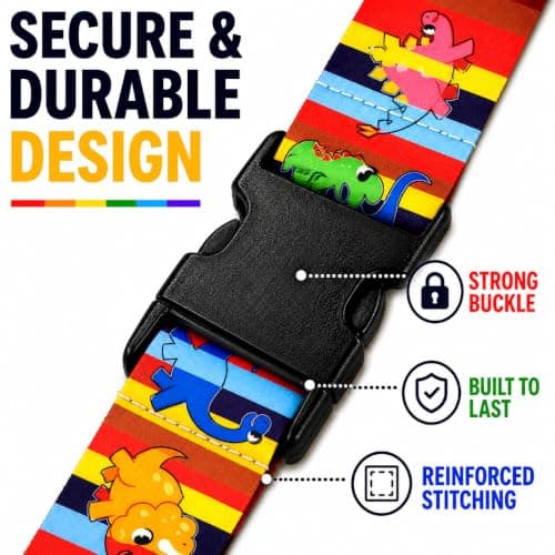 Luggage Straps for Suitcases 2 Pack, Adjustable Suitcase Belt 106–196 cm, Bright Pattern Travel Luggage Strap for Easy Identification, Heavy Duty Polyester with Quick Release Buckle (Dino Junior) — view 5