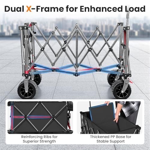 370L Festival Trolley on Wheels, Heavy Duty Folding Wagon, Portable Camping Cart Load up 550LB, Camping Trolley Foldable for Beach Outdoor Garden Shopping Fishing, Rear-Opening Design, Pure Black — view 4