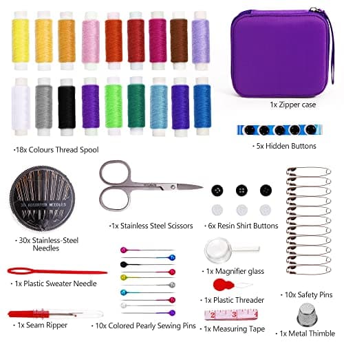 Sewing Kit, AUERVO Mini Sewing Kits 86PCS Thread and Needles Set for Adults, DIY,Home, Travel & Emergency with Compact Small Purple Zipper Case — view 6