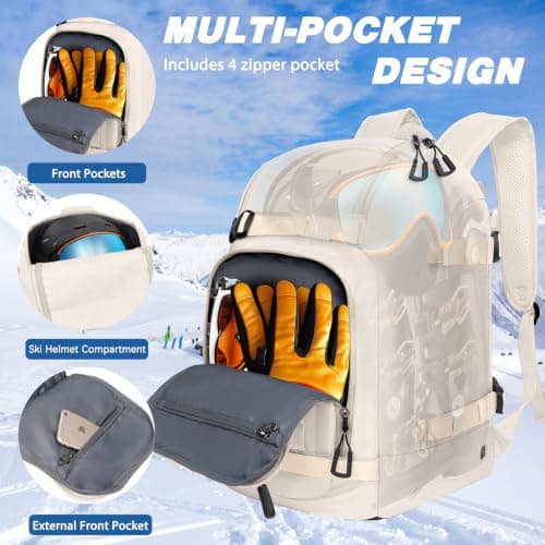 Goloni 50L Ski Backpack, Water‑Resistant Ski Boot Bag,Beige — view 3