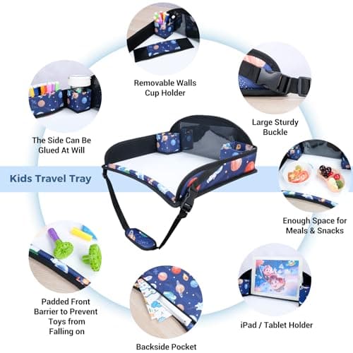 Kids Travel Tray for Toddler Car Seat, Travel Tray for Airplane, Toddler Car Seat Lap Activity Tray, Multifunctional Car Seat Tray Table with Storage (Blue-Stars) — view 2