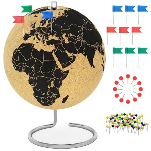 FeinKnick Elegant Cork Globe with Push Pins [120 pcs] 10" Tall Travel Globe