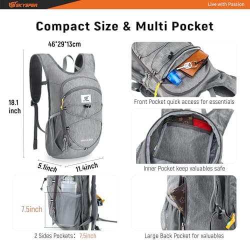 SKYSPER 20L Foldable Hiking Backpack Lightweight Packable Travel Daypack with Chest Strap Small Outdoor Folding Back Pack Collapsible Bag for Women Men (Grey) — view 3