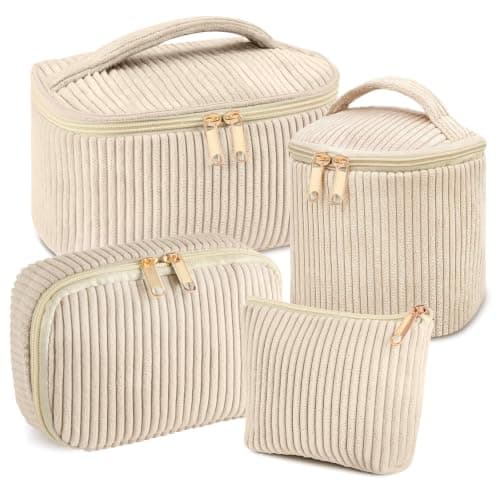 Aucuu Corduroy Cosmetic Bag, 4 Pcs Makeup Bag, Large, Medium and Small Cosmetic Bag, Striped Corduroy Portable Bag with Metal Zipper, Travel Cosmetic Bags Organizer for Women, Travel, School, Gift