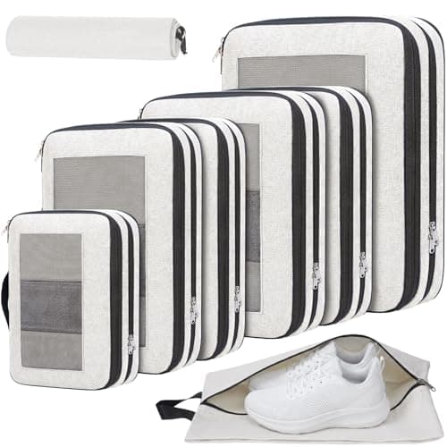 Prezon 8 Set Compression Packing Cubes for Suitcases, Full Open & Visible Design, Luggage Organizer Bags Set for Carry on, Travel Essentials Travel Gifts for Women with Laundry Bag and Shoe bag