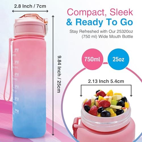 Pack of 2 Water Bottle with Straw 750ml – Leakproof BPA Free Sports Water Bottle for Gym, School & Travel – Motivational Drinking Bottle with Time Markings for Kids & Adults (Blue-Pink/Orange, 750ml) — view 2