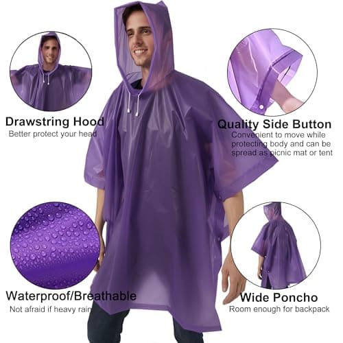 Cosowe Rain Ponchos Waterproof Adults, 2pcs Reusable Raincoats Portable, Family Pack Festival Plastic Coats for Women Men with Sleeves Hood, Purple — view 4