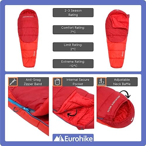 Eurohike Youth Adventurer Sleeping Bag with Pillow Pocket for Teens, Kids, 1 Person, 2-3 Season, Lightweight, Warm, Indoor & Outdoor Use, Camping, Hiking, Backpacking, Compression Bag (Red) — view 4
