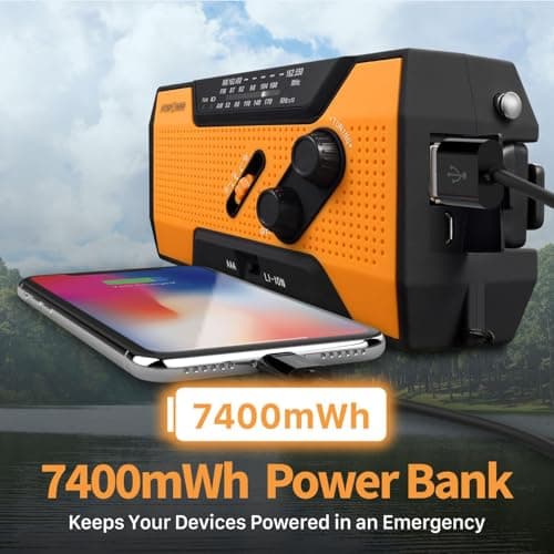 FosPower NOAA Emergency Weather Radio A1 7400mWh Portable Power Bank, AM/FM, USB/Solar/Hand Crank Charging, Battery Operated, SOS Alarm & Flashlight for Indoor/Outdoor Emergency - Orange — view 3