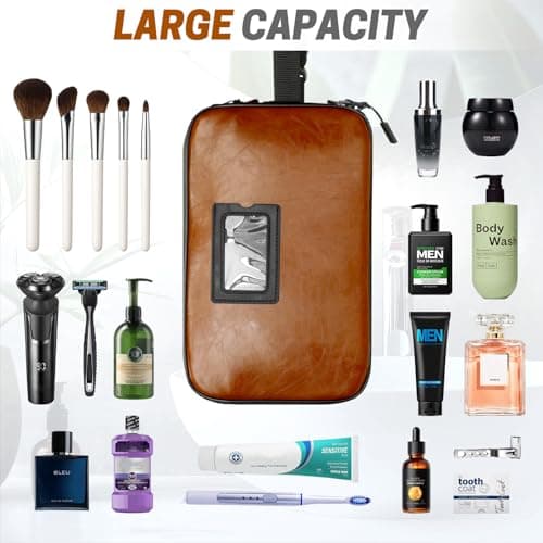 SWISSELITE Leather Toiletry Bag for Men, Water Resistant Dopp Kit for Toiletries Accessories with Wet/Dry Separation, Travel Essentials Shaving Bag Bathroom Organizer for Travel Gym Dorm (Brown, L) — view 6
