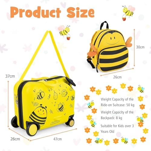 2PC Kids Luggage Set, 4 in 1 Toddler 17L Ride-on & Carry-on Hardshell Suitcase with Wheels, Anti-Lose Rope, 4L Backpack Set, Lightweight Travel Rolling Trolley for Boys Girls (Yellow Bee) — view 4