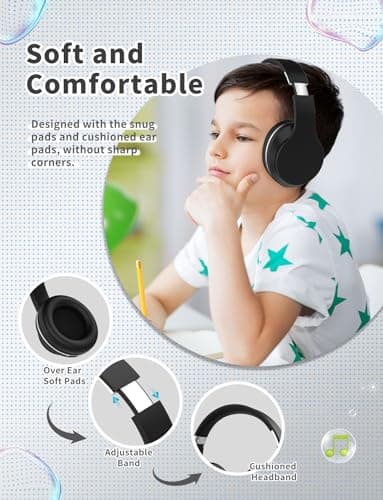 Bluetooth Kids Headphones,Wireless Kids Headphones Over Ear with Microphones,Stereo Sound ,10H Playtime,Foldable&Adjustable Children Headphone,Bluetooth 5.1 Headset for Adults School Travel (Black) — view 3