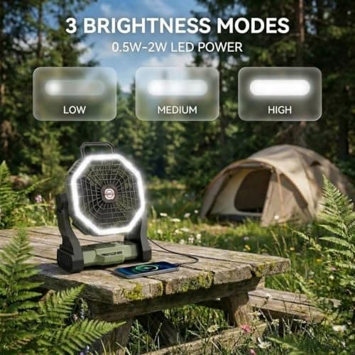 Camping Fan 10000mAh Battery Operated with Light - 4-Speed Rechargeable Tent Fan for Outdoor - Hanging Hook & Tilting Head Design - Multi-Use Desktop Cooling Fan for Camping, Hiking, Fishing (Green) — view 4