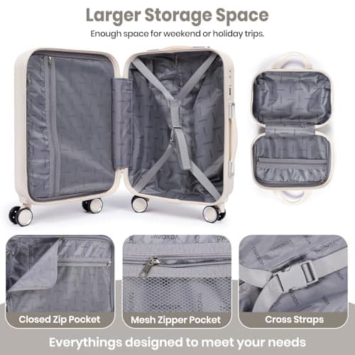 Tavoxda Suitcase Sets of 2 Piece Small Carry On Luggage 20 Inch Cabin Case with Beauty Case Lightweight ABS+PC Hard Shell Travel Suitcase with Spinner Wheels, Beige — view 5