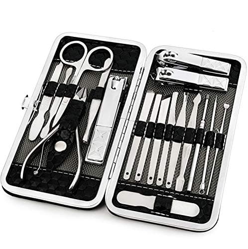 Manicure Pedicure Set Nail Clippers Kit 18 Pcs Stainless Steel Hygiene Kit Portable Nail Trimming set and Grooming Tools with Fine Leather Case [Gift Box] (18 PCS - Black)