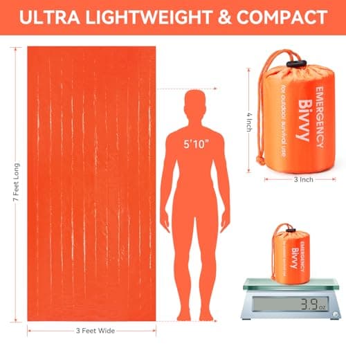 Esky Emergency Sleeping Bag, 2 Pack Survival Bag Portable Thermal Bivy Sack, Waterproof Lightweight Emergency Blanket Survival Gear with Compass for Camping Hiking Outdoor Adventure (Orange) — view 5