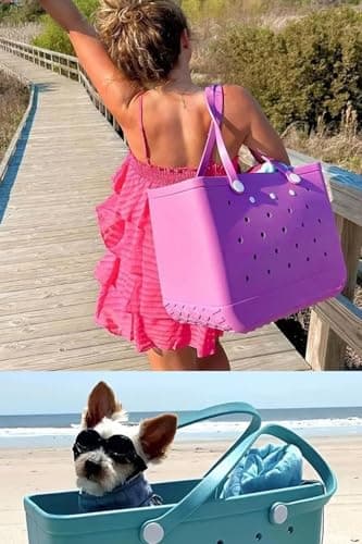 ALANTOP Oversized Beach Tote Bag - Extra Large Waterproof & Washable, Durable Rubber Material - Perfect for Pool, Beach Trips & Travel (Fits Towels & Essentials) (Apricot,X-Large(18.9 * 13.8 * 9in)) — view 2